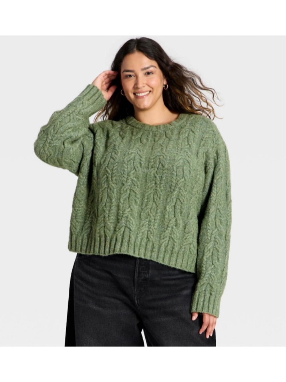 Universal Thread Long Sleeve Cozy Cable Crewneck Pullover (Green - XXL)